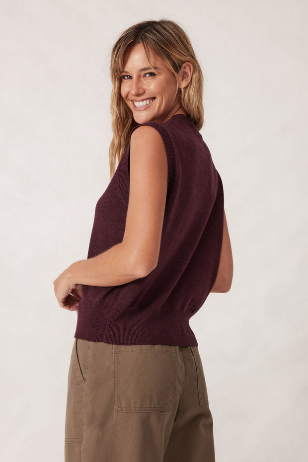 Soft Knit Button Vest - Wine