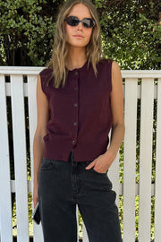 Soft Knit Button Vest - Wine