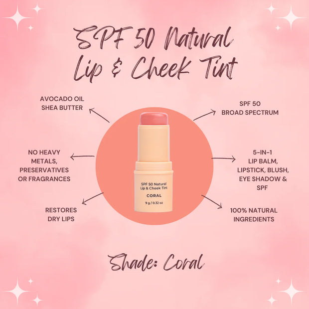 SPF 50 NATURAL LIP & CHEEK TINT - CORAL - White Wood Boutique