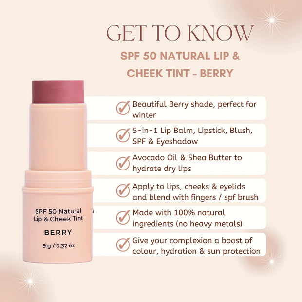 SPF 50 NATURAL LIP & CHEEK TINT - BERRY - White Wood Boutique