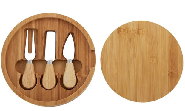 Bayou Bamboo Round Board with 3 Knives - White Wood Boutique